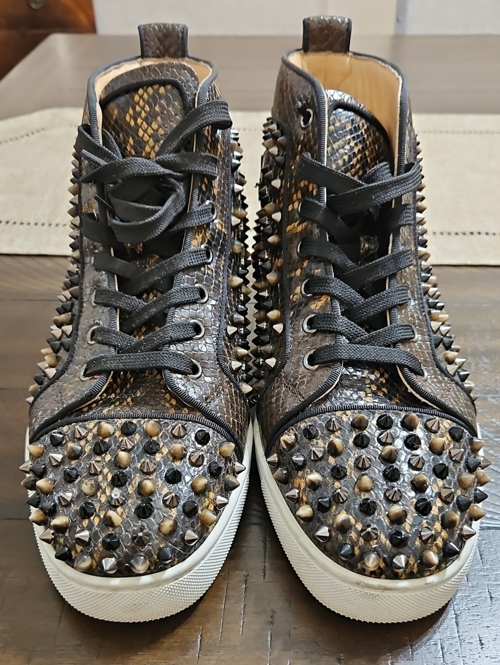 Christian Louboutin Snakeskin Studded High-Top Sneakers